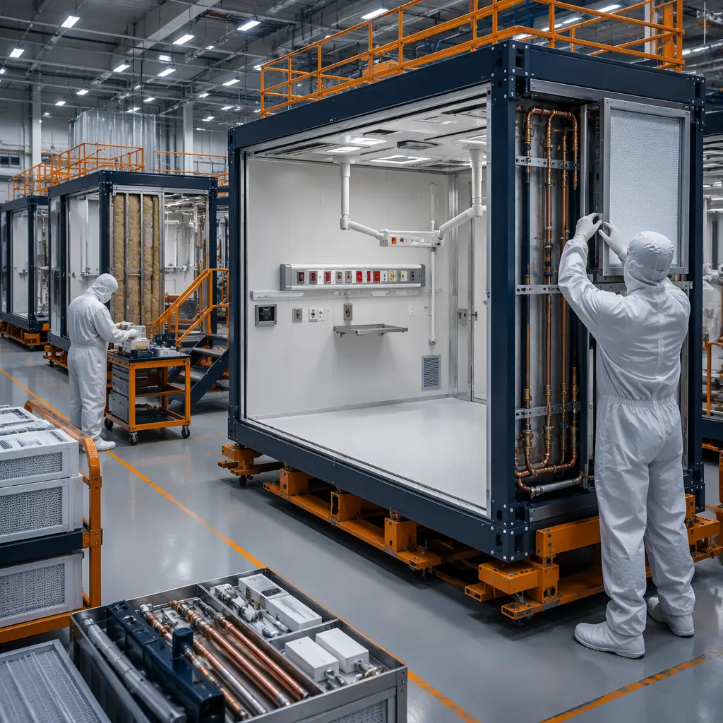Factory assembly of hospital-grade modular unit in clean room environment, steel frame module with medical gas piping visible on frame, workers installing HEPA filtration and infection control panels, modular prefabricated construction assembly line for healthcare modules, controlled factory conditions with dark navy structural elements