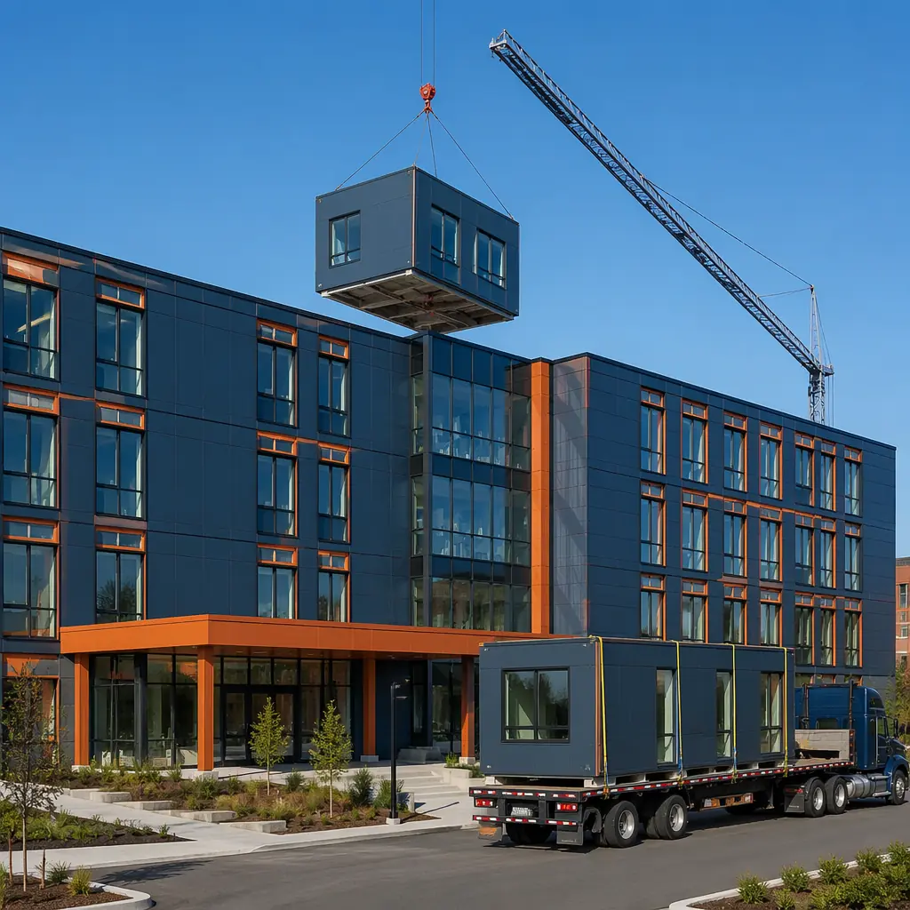 Modern modular hospital building exterior with clean geometric facade showing module seams, steel frame prefabricated construction, crane lifting hospital module unit onto multi-story healthcare facility, medical campus setting with dark navy and warm steel orange architectural details, factory-assembled hospital modules being positioned