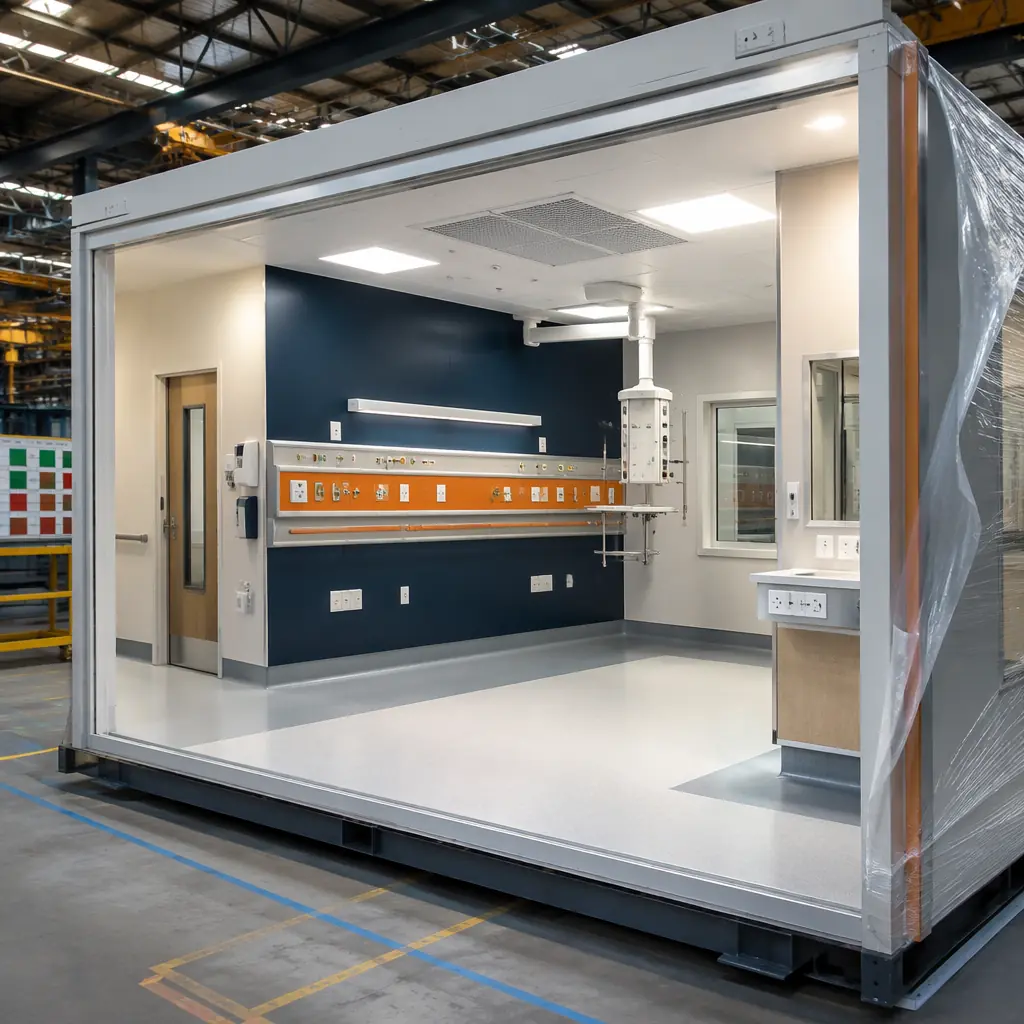 Completed hospital patient room module on factory floor ready for shipping, prefabricated modular construction unit with medical headwall installed, HEPA filtration visible, hospital-grade finishes and medical gas outlets, clean room factory environment, modular healthcare construction unit with dark navy structural frame details