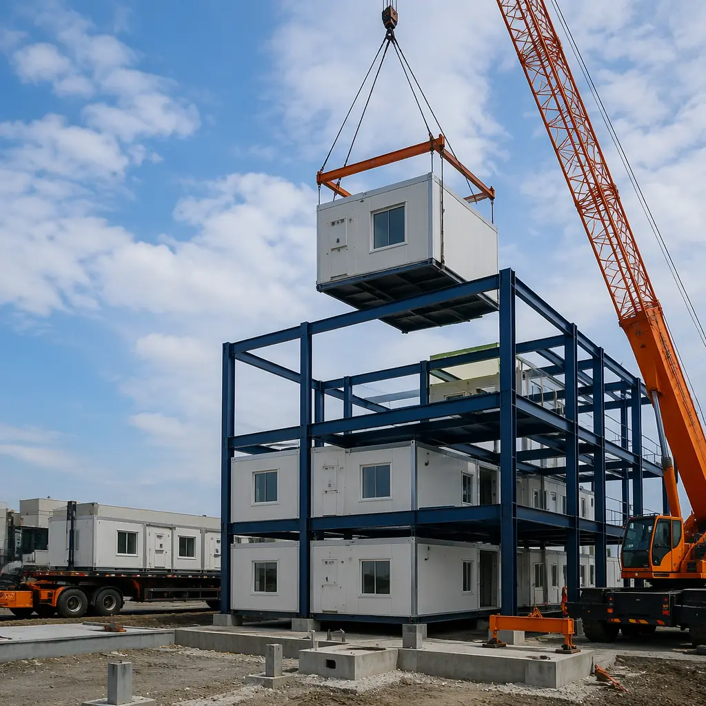 Crane lifting modular hospital unit onto multi-story steel frame structure, hospital module with pre-installed medical systems being positioned, modular healthcare construction site with modules arriving on flatbed trucks, clean geometric hospital facade with visible module seams, dark navy structural steel framework with warm steel orange details