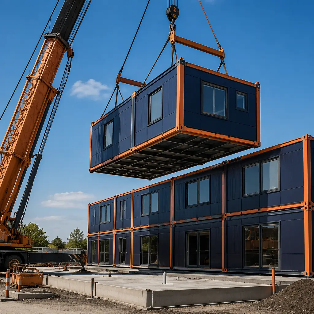 Side-by-side comparison of modular prefabricated construction and ICF insulated concrete form construction on commercial building sites, steel frame modular units being craned into position on left, ICF forms being stacked and poured with concrete on right, both methods visible on active construction site, modern commercial development, dark navy and warm steel orange brand color accents on modular building elements