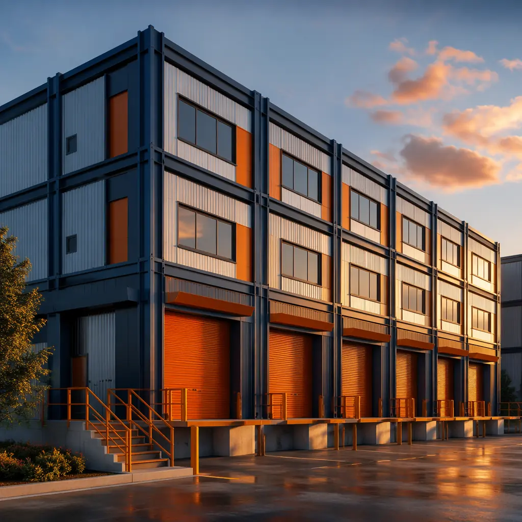 Modular light manufacturing facility exterior, prefabricated steel-framed production modules being craned into position, clean geometric facade with module seams visible, dark navy structural steel with warm steel orange accent details, assembly plant under construction