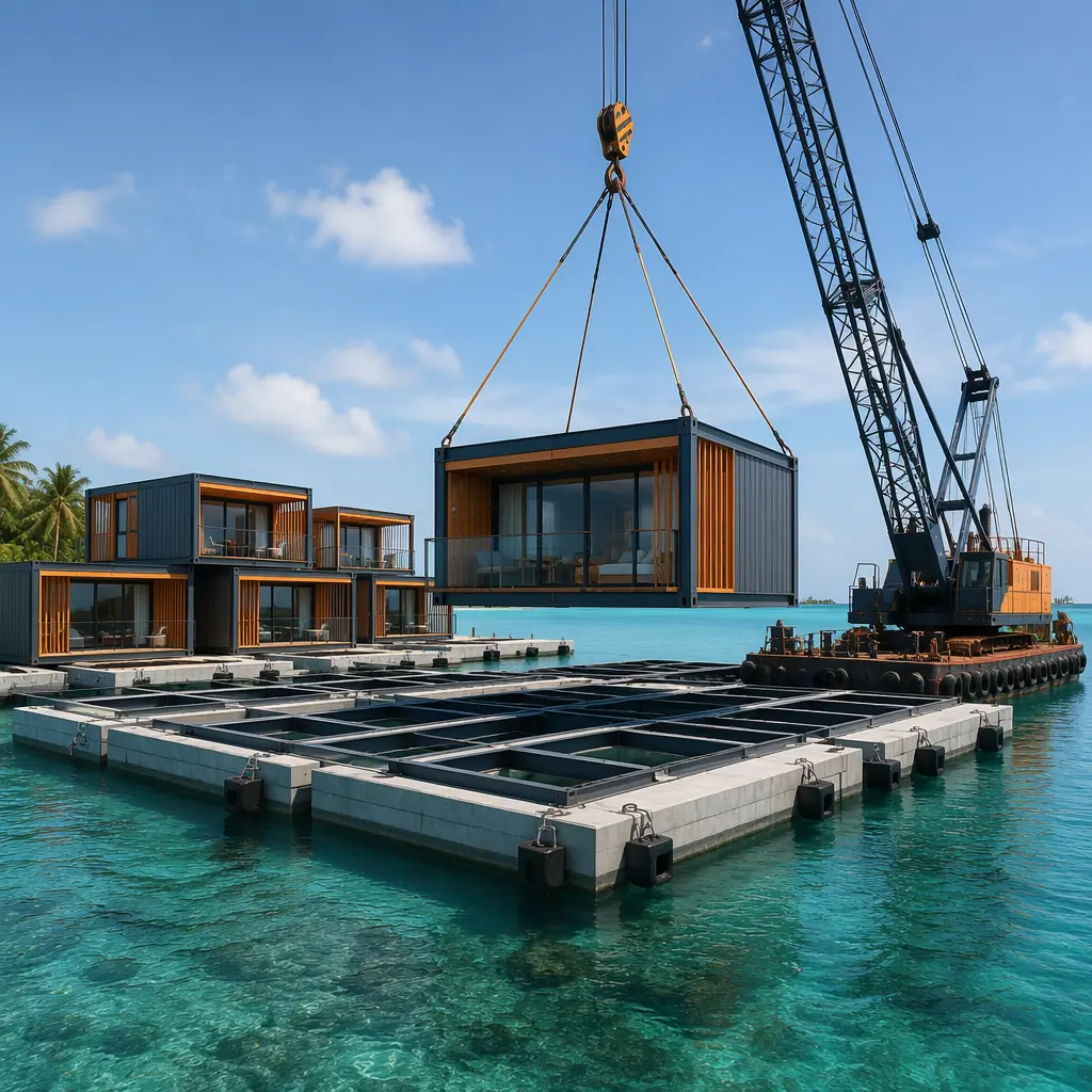 Modular floating hotel complex on calm water, steel-framed prefabricated modules assembled on floating pontoon platform, clean geometric lines with module seams visible, waterfront setting with marina, factory-assembled floating building modules being positioned by crane barge, dark navy structural elements with warm steel orange accents, modular prefabricated marine construction