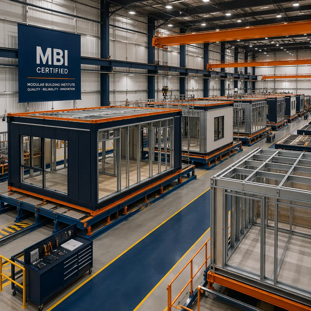 Modular prefabricated building factory floor with completed steel frame modules undergoing quality inspection, blue MBI certification banner visible, factory assembly line with modules at various completion stages, clean organized industrial environment, color palette: dark navy accents with warm steel orange details