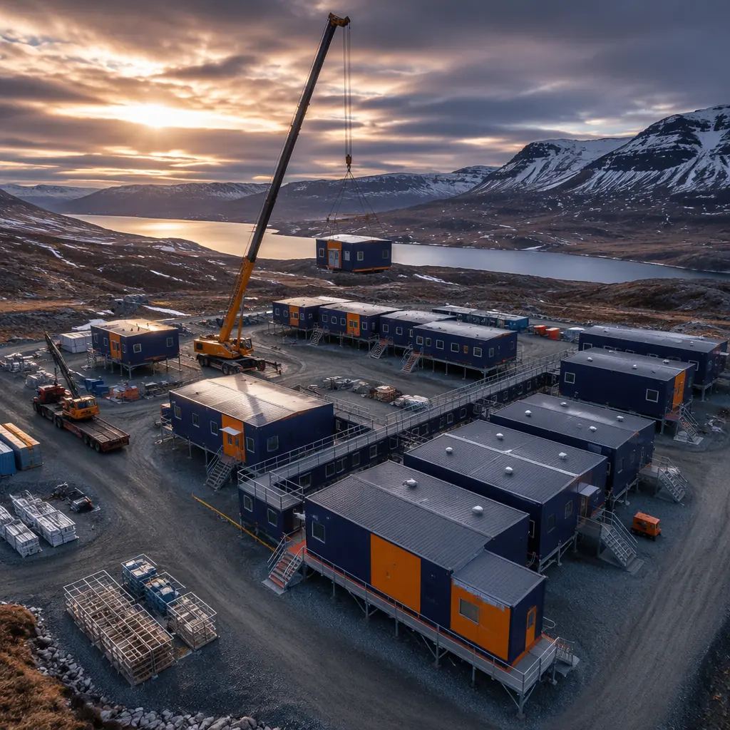 Modular prefabricated mining camp buildings being deployed at remote industrial site, steel frame modules arriving on flatbed trucks, crane lifting completed accommodation module unit onto prepared pad, rugged northern landscape with mountains, factory-assembled camp modules with insulated exterior panels, modular construction site in remote mining location, dark navy structural steel elements with warm steel orange brand accent details