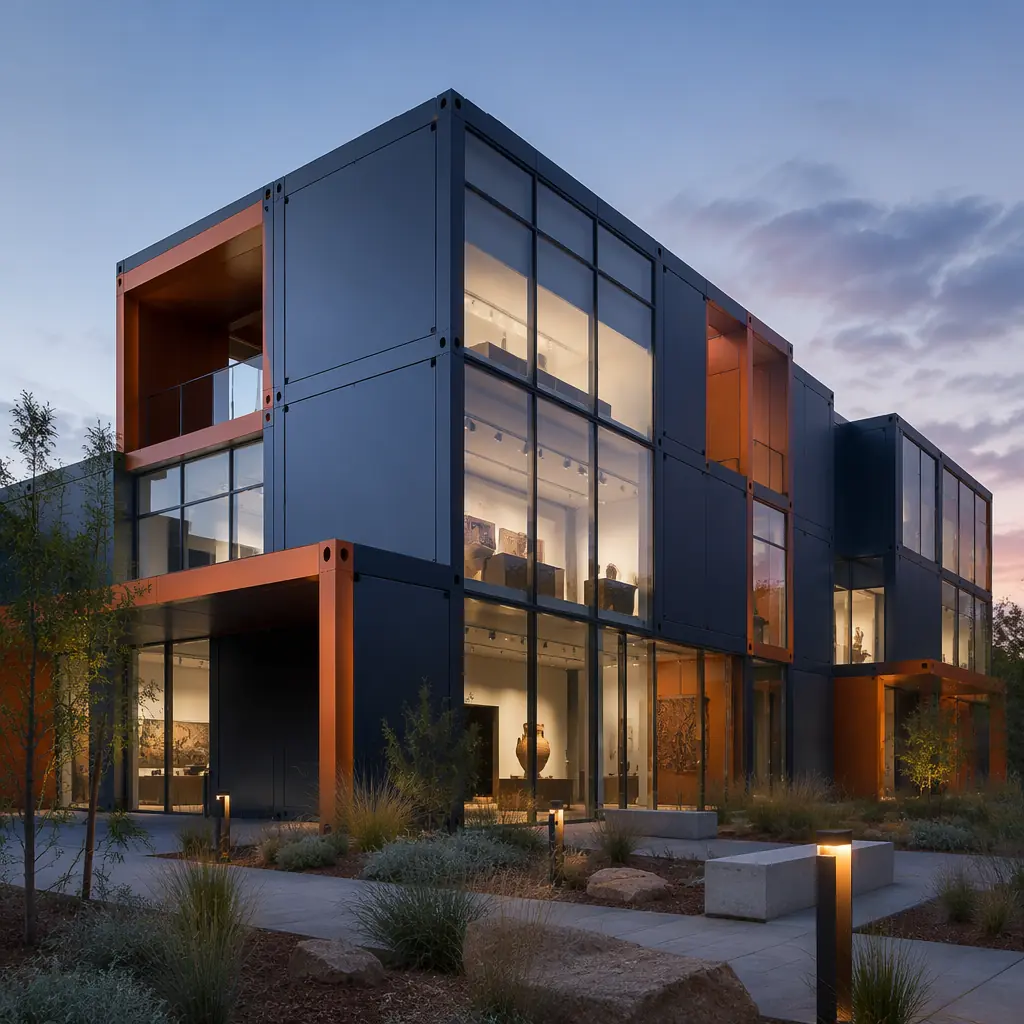Modern modular museum building exterior, prefabricated steel frame modules with clean geometric facade, large glass curtain wall sections, cultural heritage institution with contemporary architecture, module seams visible as design feature, landscaped surroundings, color palette: dark navy with warm steel orange accent elements