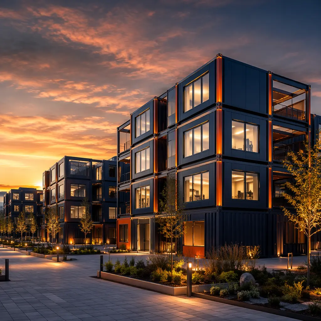 Wide architectural photography of modem modular building complex at golden hour, multiple prefabricated steel frame buildings with clean geometric module grid facades, factory-assembled modular construction visible in structural detailing, dark navy brand color accents on building exteriors with warm steel orange architectural highlights, professional corporate architecture setting, landscaped environment with mountain backdrop suggesting earthquake-prone region