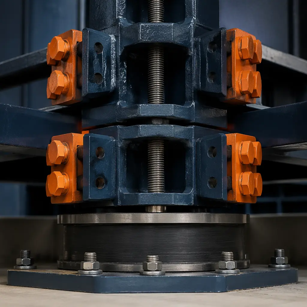Photorealistic 3D cross-section render of modular building structural connection at module interface, steel corner casting with ductile bolted connection plates visible, base isolation bearing at foundation level showing lead-rubber isolator detail, continuous threaded rod vertical tie through stacked modules, dark navy structural steel with warm steel orange connection hardware, engineering-grade precision detail photography of earthquake-resistant modular joint design