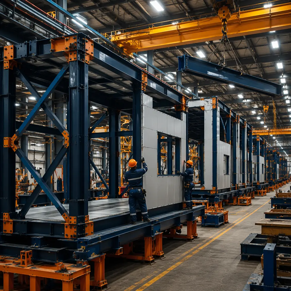 Factory assembly line for seismic-resistant modular building units, steel frame module on production floor with ductile moment connections and bracing detail visible, workers installing shear wall panel on prefabricated steel module, dark navy structural steel frame with warm steel orange connection plates, controlled factory environment with assembly jigs ensuring ±2mm welding tolerances, modular prefabricated construction for earthquake zones