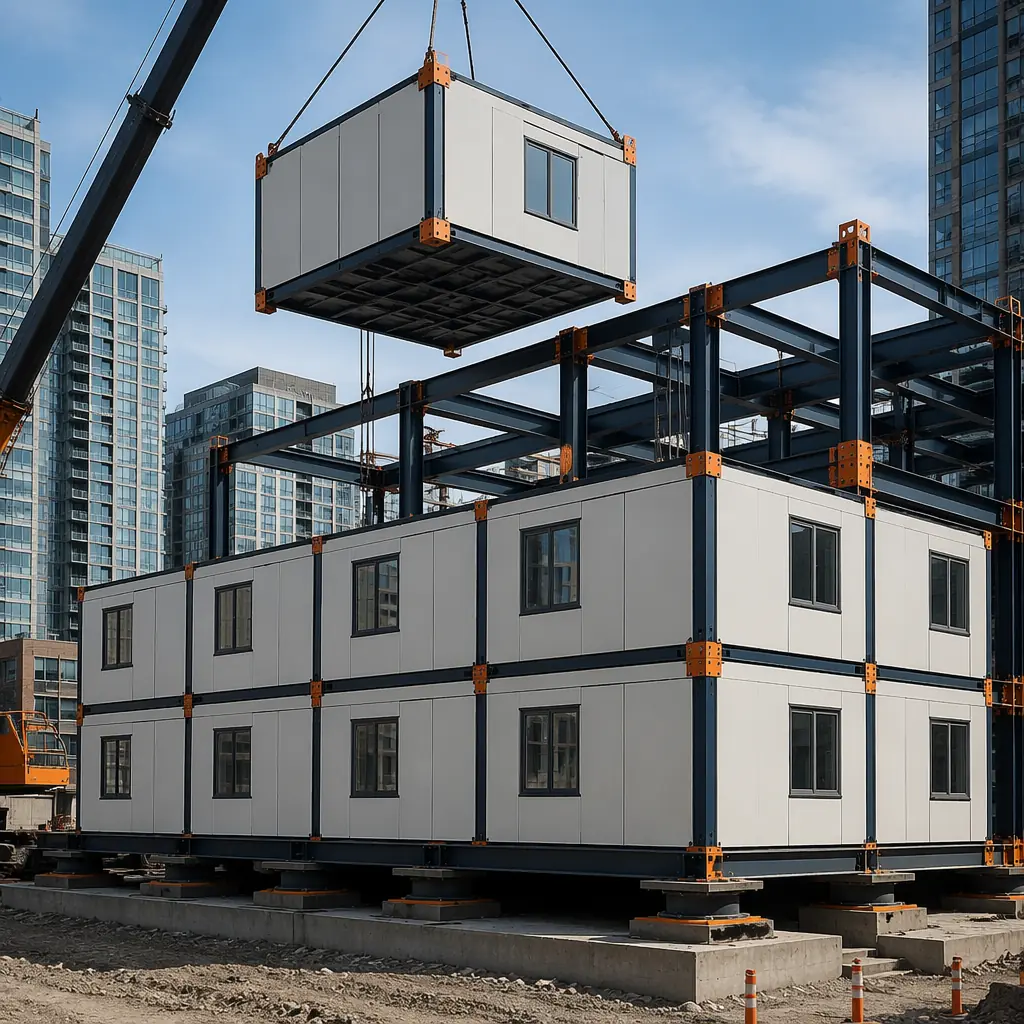 Multi-story modular building in earthquake-prone urban setting, clean geometric exterior with visible module grid pattern reflecting modular prefabricated construction units, dark navy steel frame structural elements and warm steel orange accent details, seismic base isolation bearings visible at foundation level, crane positioning top module onto completed lower modules, modern architectural design with shipping-container proportions, professional architectural photography