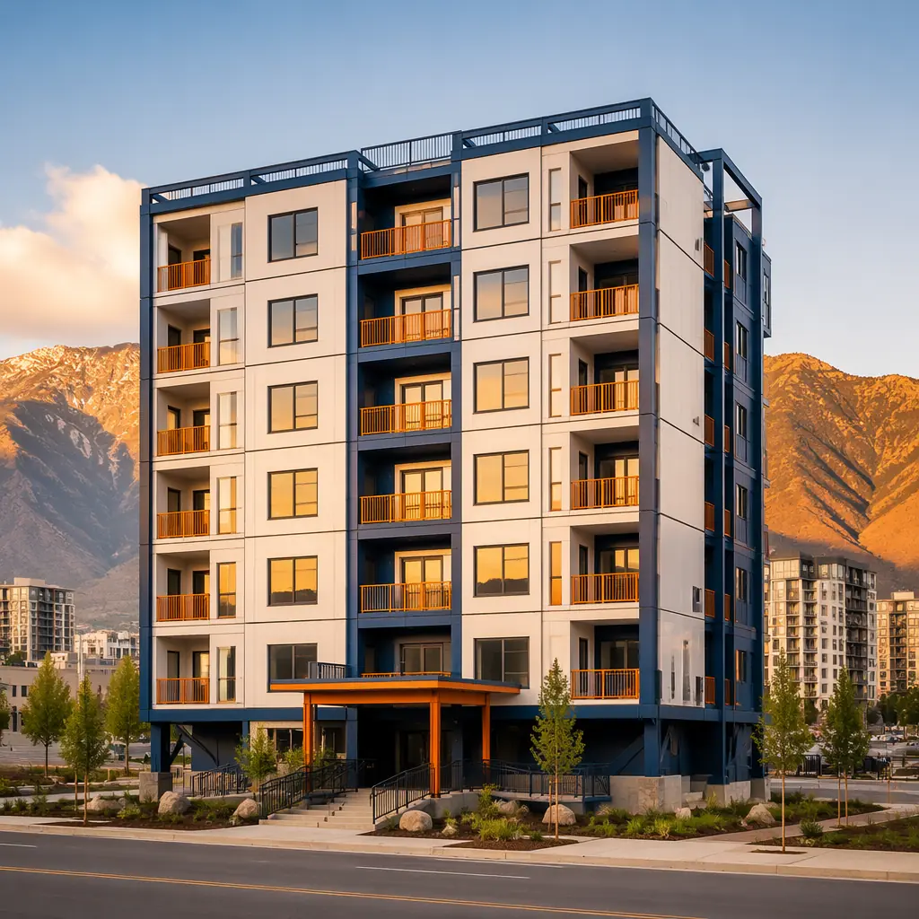 Completed multi-story modular apartment building in dense urban setting with seismic-resistant design features visible, factory-assembled prefabricated modules stacked with visible module seam grid pattern, steel frame structure with ductile connection details, crane lifting final module into position on concrete foundation with seismic isolation bearings, dark navy architectural steel elements with warm steel orange accent details, modern city skyline background