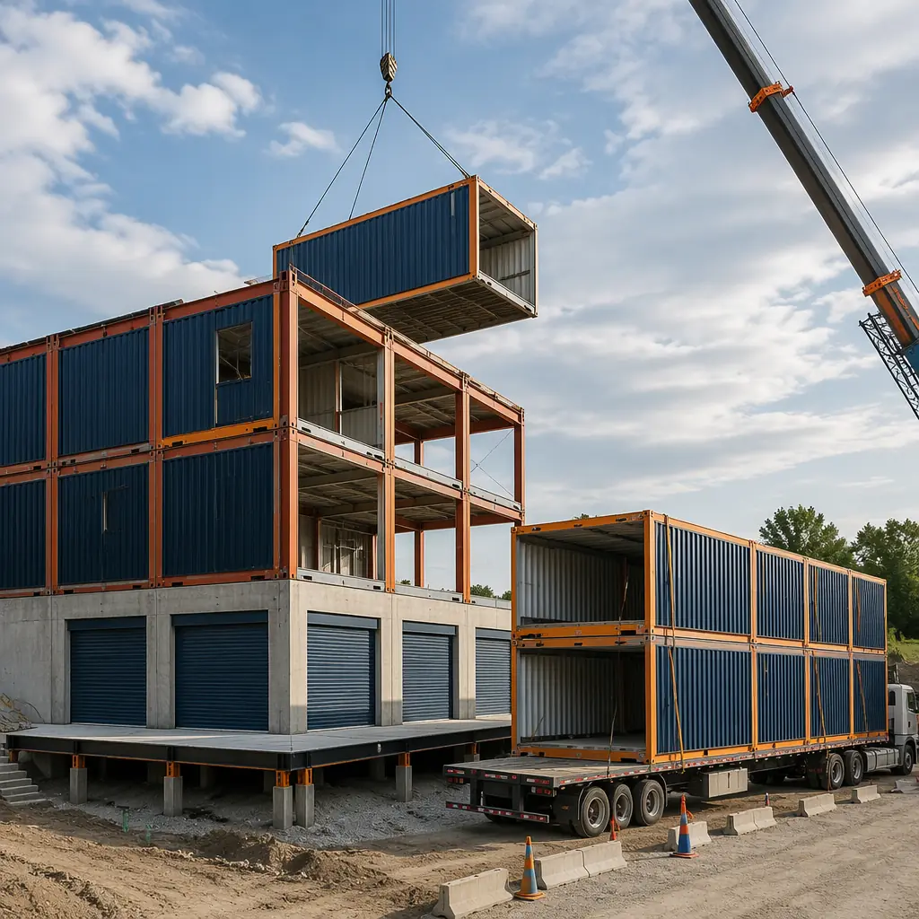 Modern modular self-storage facility building exterior, multi-story steel-framed prefabricated modules stacked with repeating grid pattern facade, crane lifting storage unit module, clean geometric lines reflecting factory-assembled units, loading bay and drive-up access visible, dark navy structural accents with warm steel orange details