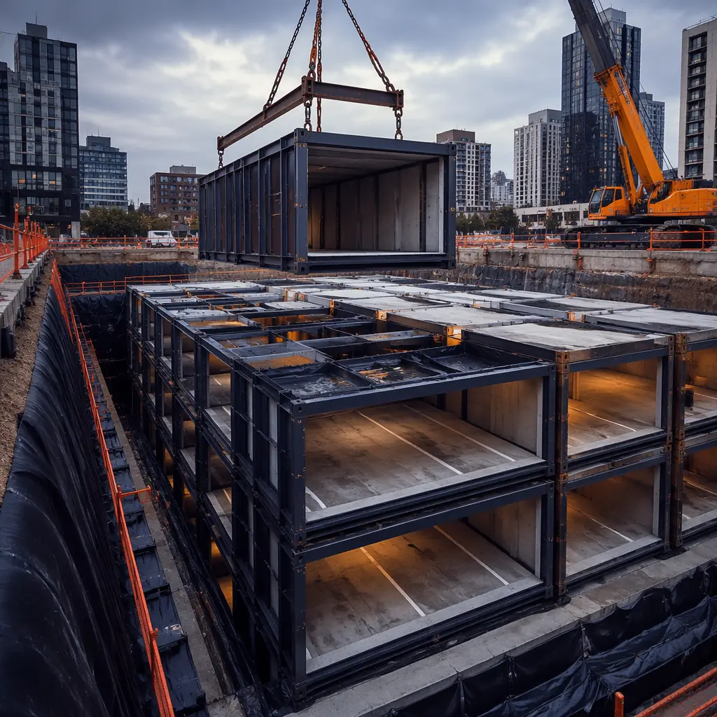 Modular underground parking structure under construction, steel-framed prefabricated subterranean modules being lowered into deep excavation by crane, waterproofed module seams visible, urban construction site with dark navy structural elements and warm steel orange safety markings, factory-assembled below-grade modules being positioned, modular prefabricated construction