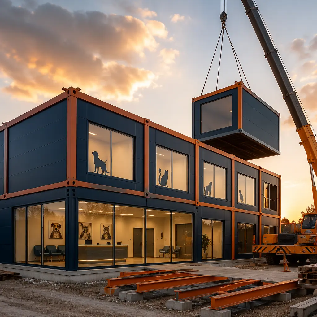 Modern modular veterinary clinic building exterior, prefabricated steel-framed modules stacked, crane lifting clinic module unit, clean geometric facade with dark navy structural accents and warm steel orange details, animal hospital construction site