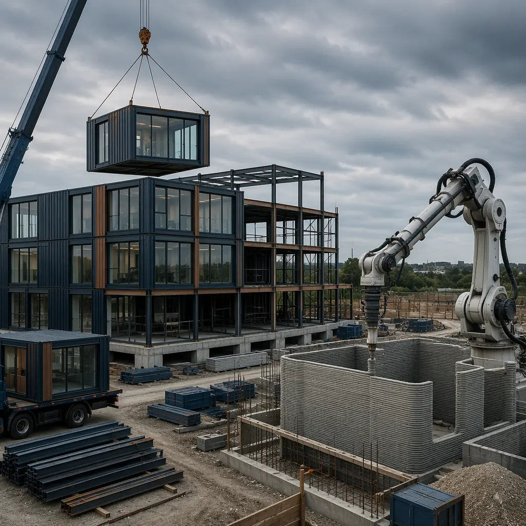 Side-by-side comparison on active construction site: completed modular building section with prefabricated steel frame modules being craned into position on one side, concrete 3D printer with robotic arm extruding layered concrete wall on the other side, both technologies visible in one frame, organized construction site with cranes and equipment, color palette: dark navy and warm steel accents