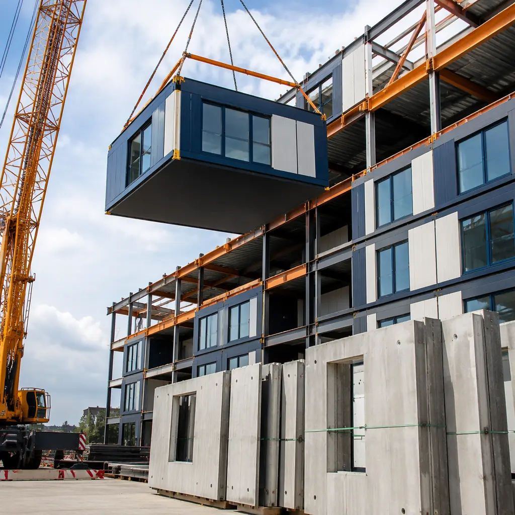 Modular building unit being craned into place next to precast concrete panels, showing both construction methods on the same project site