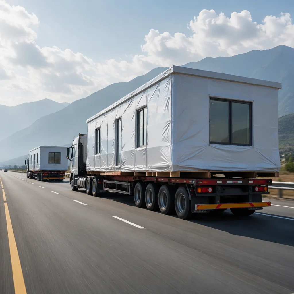 Flatbed trucks carrying modular building units on a highway