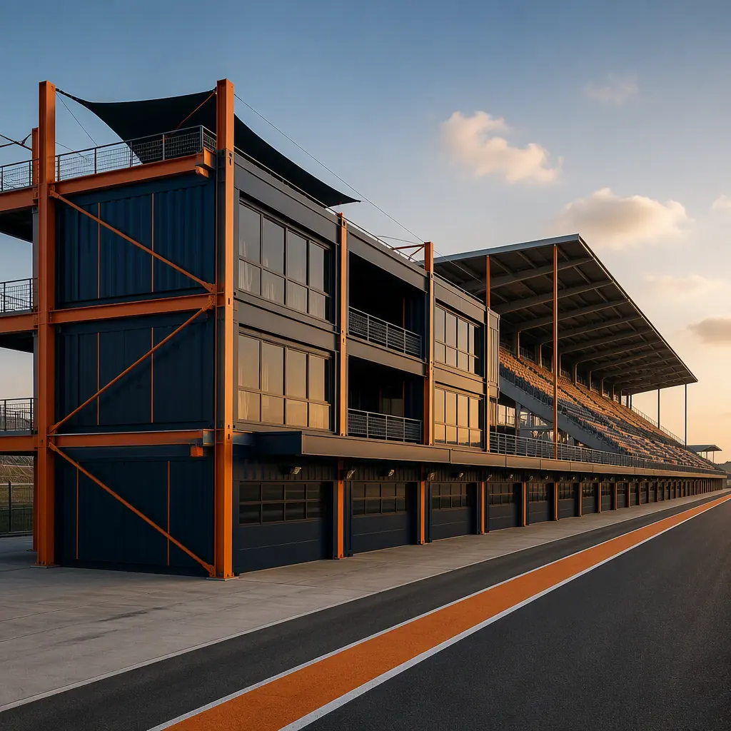 Modern modular motorsports facility exterior, prefabricated steel-frame pit building with clean geometric lines beside race track, grandstand with module seams visible, dark navy structural steel with warm steel orange accents, golden hour lighting, no text