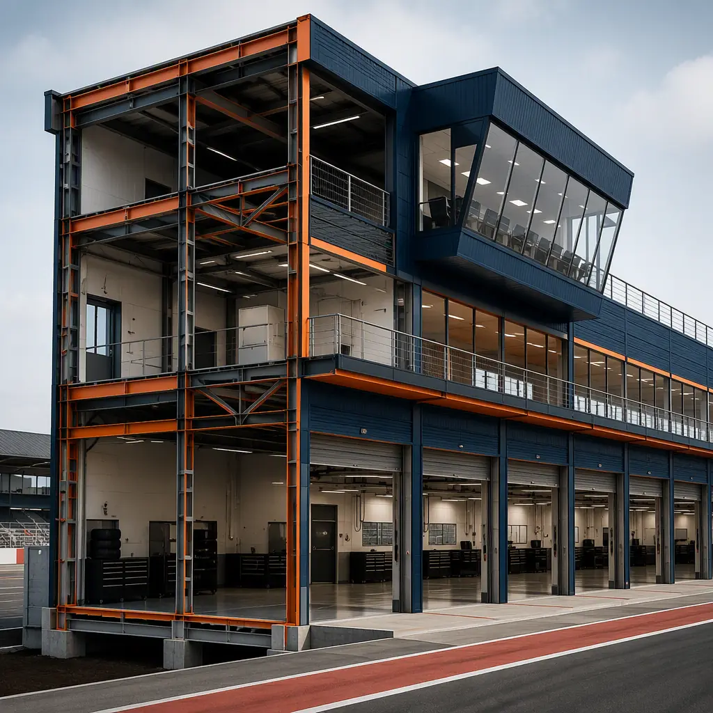 Photorealistic 3D cross-section render of modular race pit building, steel frame visible, showing pit garage bays with roll-up door openings, timing tower above, race control room with glazing over pit lane, clean engineering visualization, dark navy and steel orange accents, no text, no labels