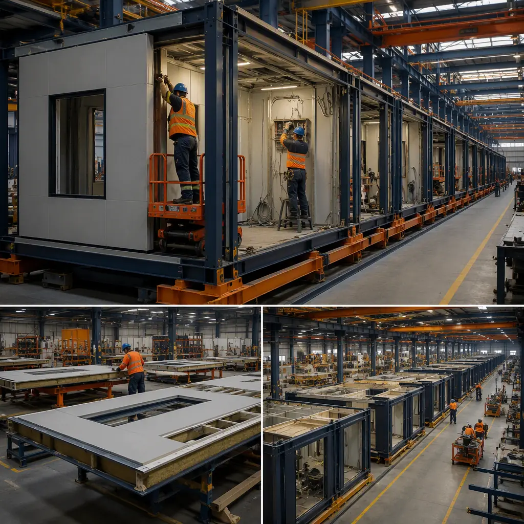 Factory floor of modular prefabricated construction facility, steel-framed pit building modules under assembly, workers installing wall panels and electrical systems (no faces), assembly line with large modules, dark navy and warm steel orange accents