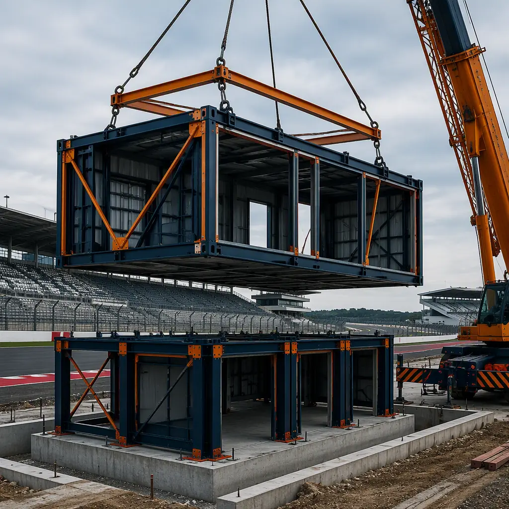 Crane lifting prefabricated steel-frame modular pit building unit onto foundation at race track construction site, race circuit and grandstands in background, module being positioned, module seams visible, no people, no text