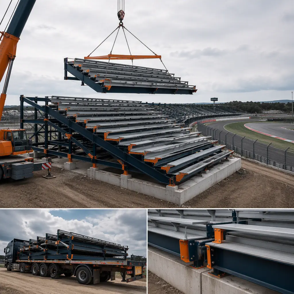Prefabricated modular grandstand sections being craned into place at race track, steel seating tiers stacked on concrete foundation, race circuit visible, module seams, construction site, no people faces, no text