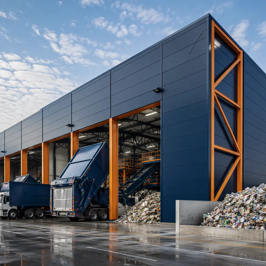 Modular recycling center exterior, large prefabricated industrial building with sorting hall and baler room modules, steel frame structure visible, module seams on facade, recycling trucks at tipping area, clean geometric lines, dark navy structural steel with warm steel orange accents, no people, no text