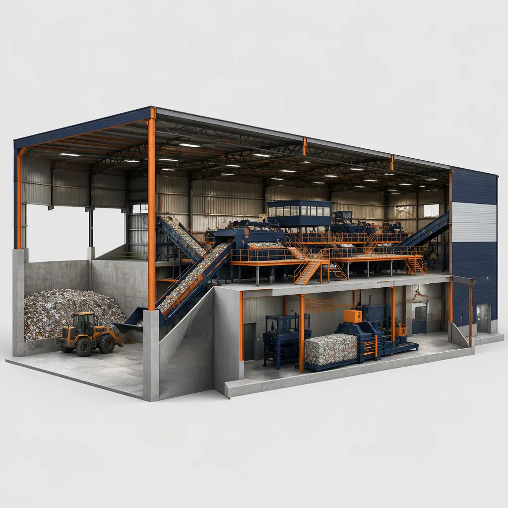Photorealistic 3D cross-section render of modular recycling facility sorting hall, steel truss structure with conveyor sorting line, optical sorter, baler room and tipping floor, clean engineering visualization showing clear-span interior, module seams, no text, no labels