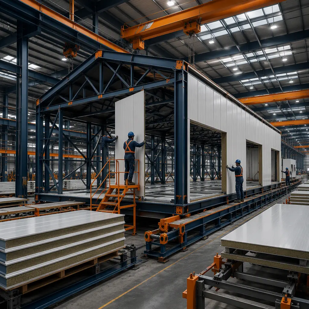 Factory floor of modular prefabricated industrial construction facility, large steel truss module for recycling sorting hall under assembly, workers installing insulated wall panels, overhead crane, assembly line, dark navy and warm steel orange accents, no people faces