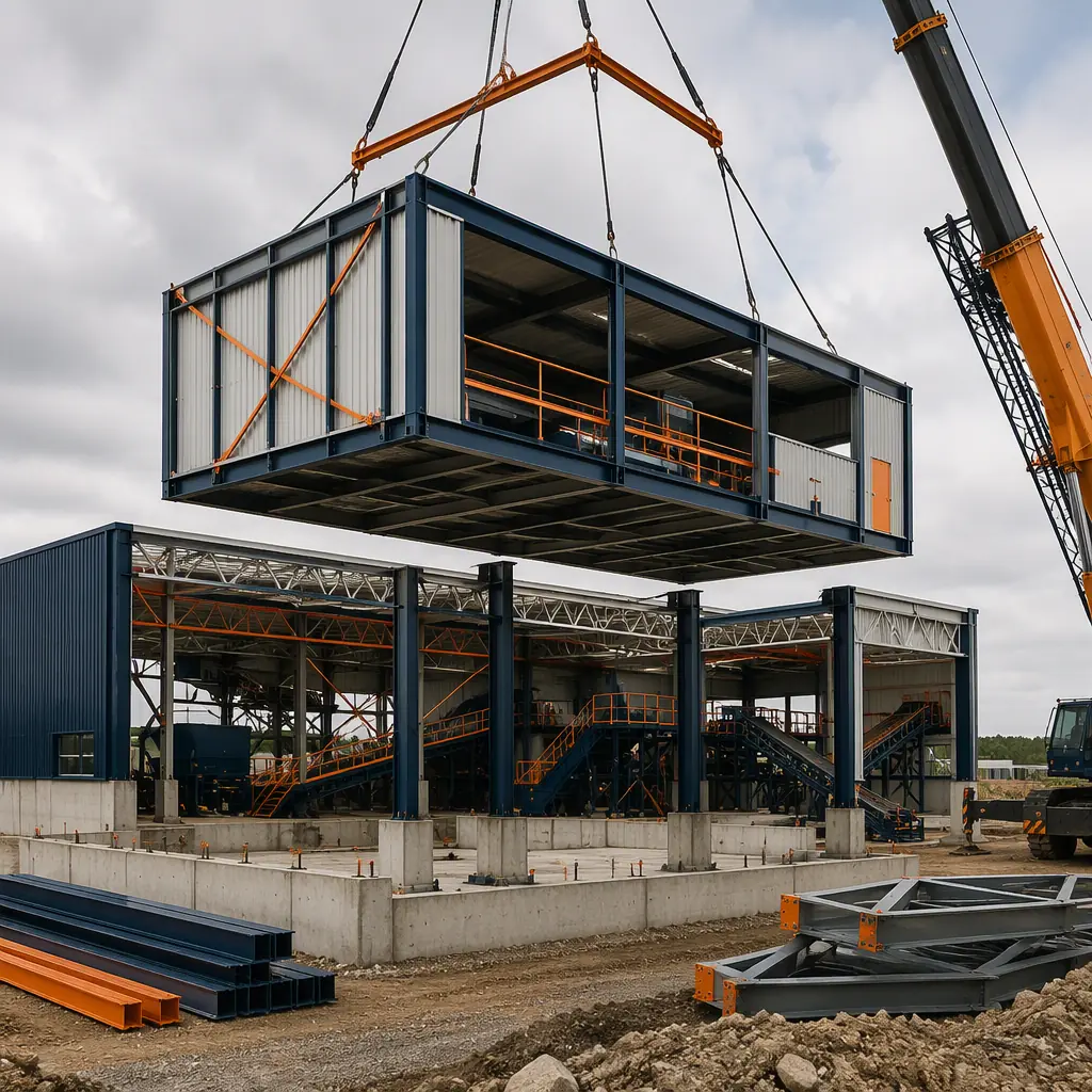Crane lifting large prefabricated steel-frame industrial module onto concrete foundation at recycling facility construction site, modules being positioned with module seams visible, clear-span sorting hall under assembly, dark navy structural steel with warm steel orange accents, no people faces