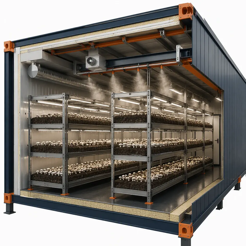 Photorealistic 3D cross-section render of modular mushroom growing room, tiered shelving with growing substrate, overhead ducting and humidification system, insulated panel envelope, steel frame visible, clean engineering visualization, no text, no labels