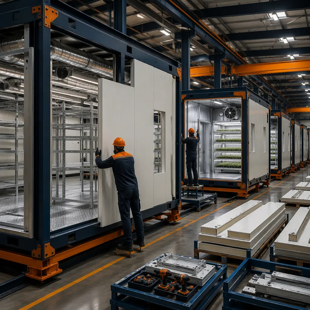 Factory floor of modular prefabricated construction facility, insulated wall panels being installed in steel-frame growing room module with ducting and shelving, assembly line with modules in production, quality control inspection station, dark navy steel with warm orange accents, no people faces, no text, no logos
