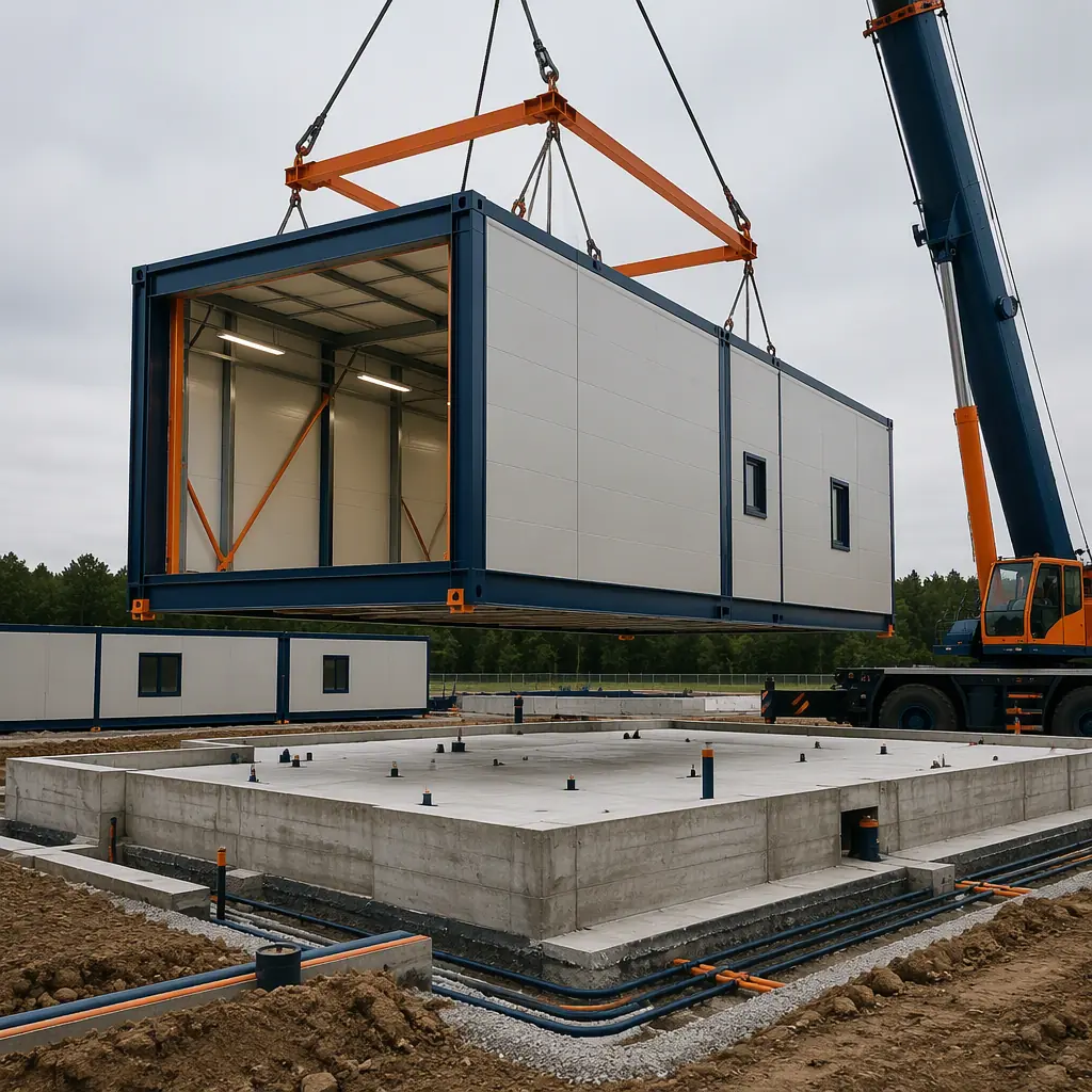 Crane lifting prefabricated steel-frame growing room module with pre-installed insulated panels onto concrete pad at mushroom farm construction site, module seams visible, clean level site with utility trenches prepared, dark navy steel with warm orange accents, no people faces, no text