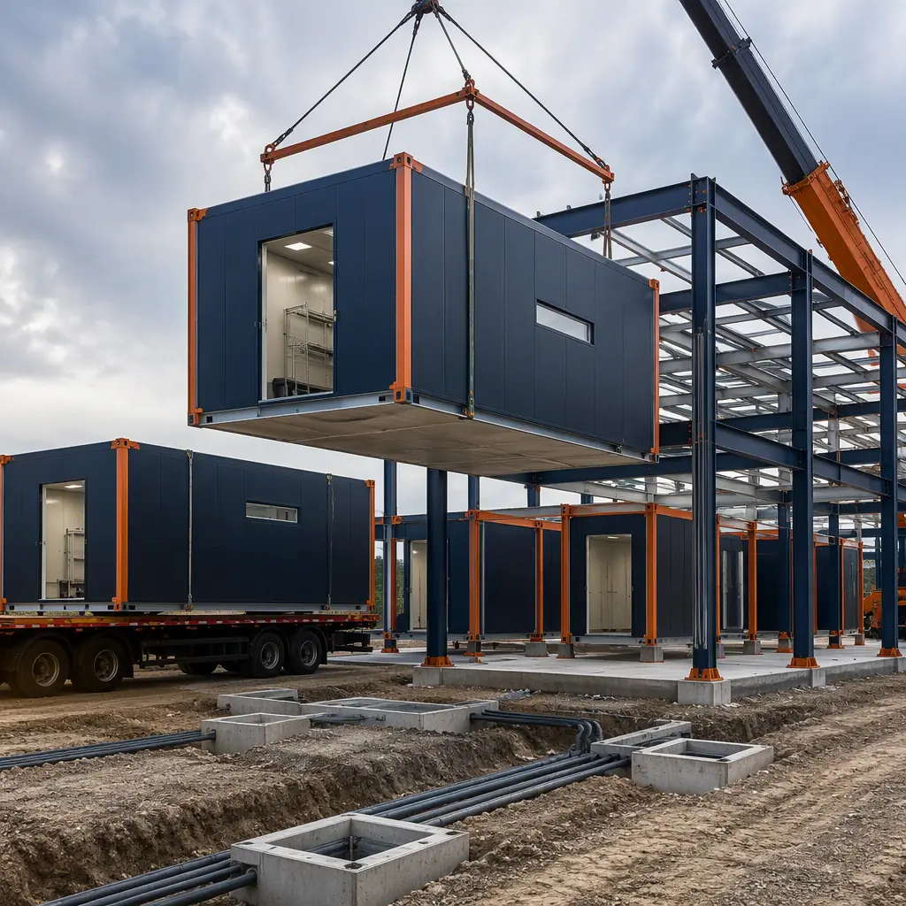 Prefabricated growing room modules arriving on flatbed trucks at mushroom farm site, crane positioning steel-frame module onto prepared foundation, module seams visible, utility trenches and site work under preparation, dark navy steel with warm orange accents, no people faces, no text, no logos