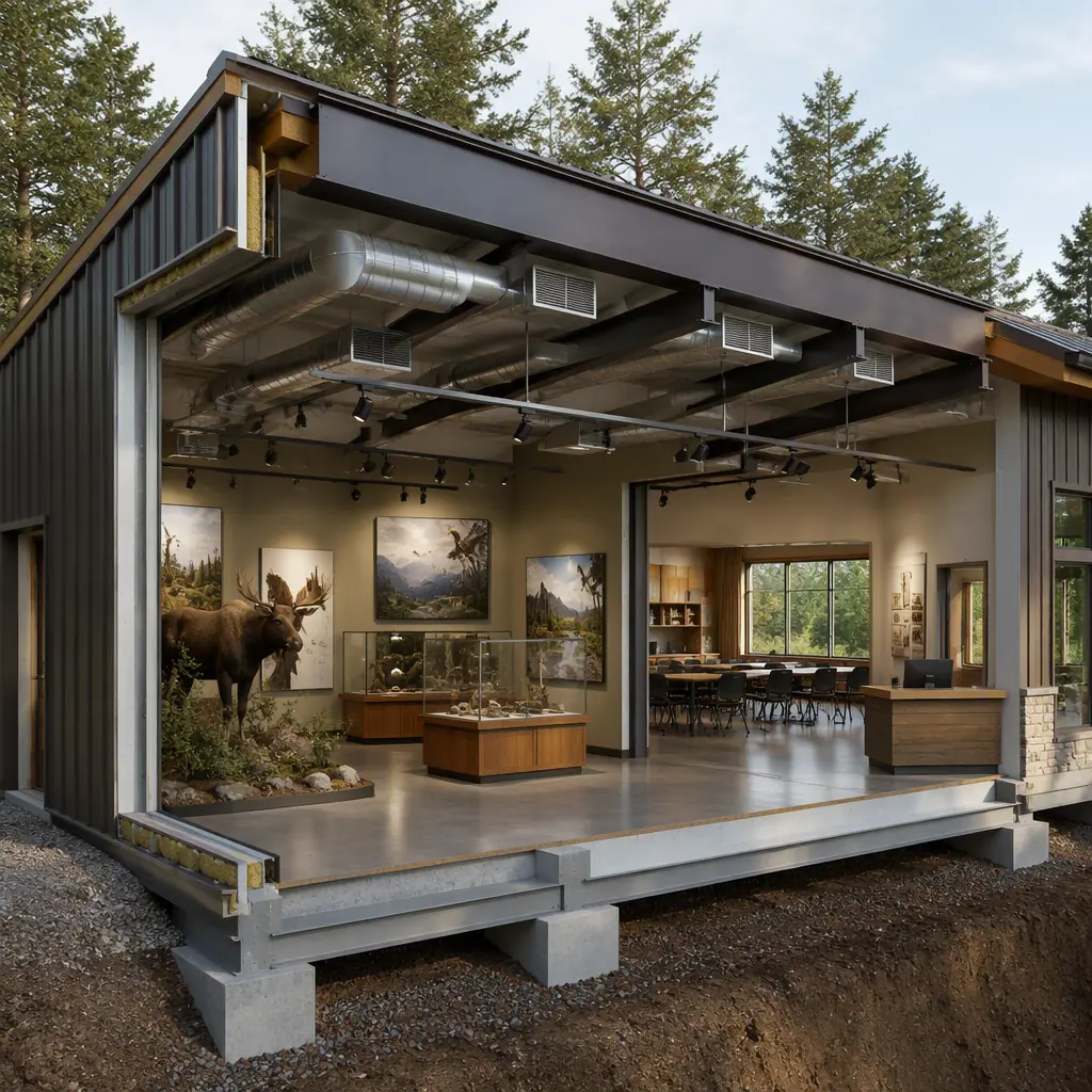 Photorealistic 3D cross-section render of modular nature center building, showing interpretive exhibit hall with display cases and mounted specimens, classroom space, welcome desk area, HVAC ducting and ceiling light track system, clean engineering visualization, no text, no labels
