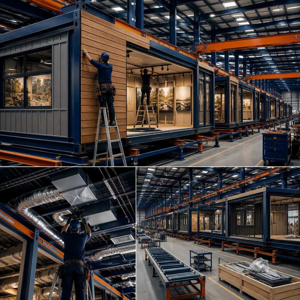 Factory floor of modular prefabricated construction facility, steel-frame nature center modules in production with timber-accented cladding panels being attached, workers installing exhibit lighting tracks and HVAC systems (no faces), assembly line, dark navy and warm steel orange accents