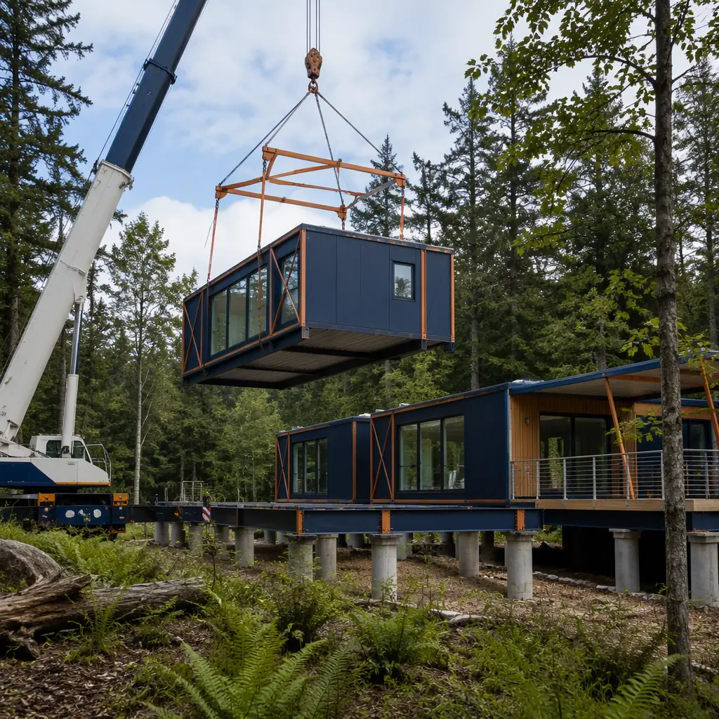 Crane lifting prefabricated steel-frame building module into forest clearing at nature center construction site, modules being positioned onto pier foundations, minimal site disturbance with native vegetation preserved around, module seams visible, dark navy steel with warm orange accents, no people faces, no text