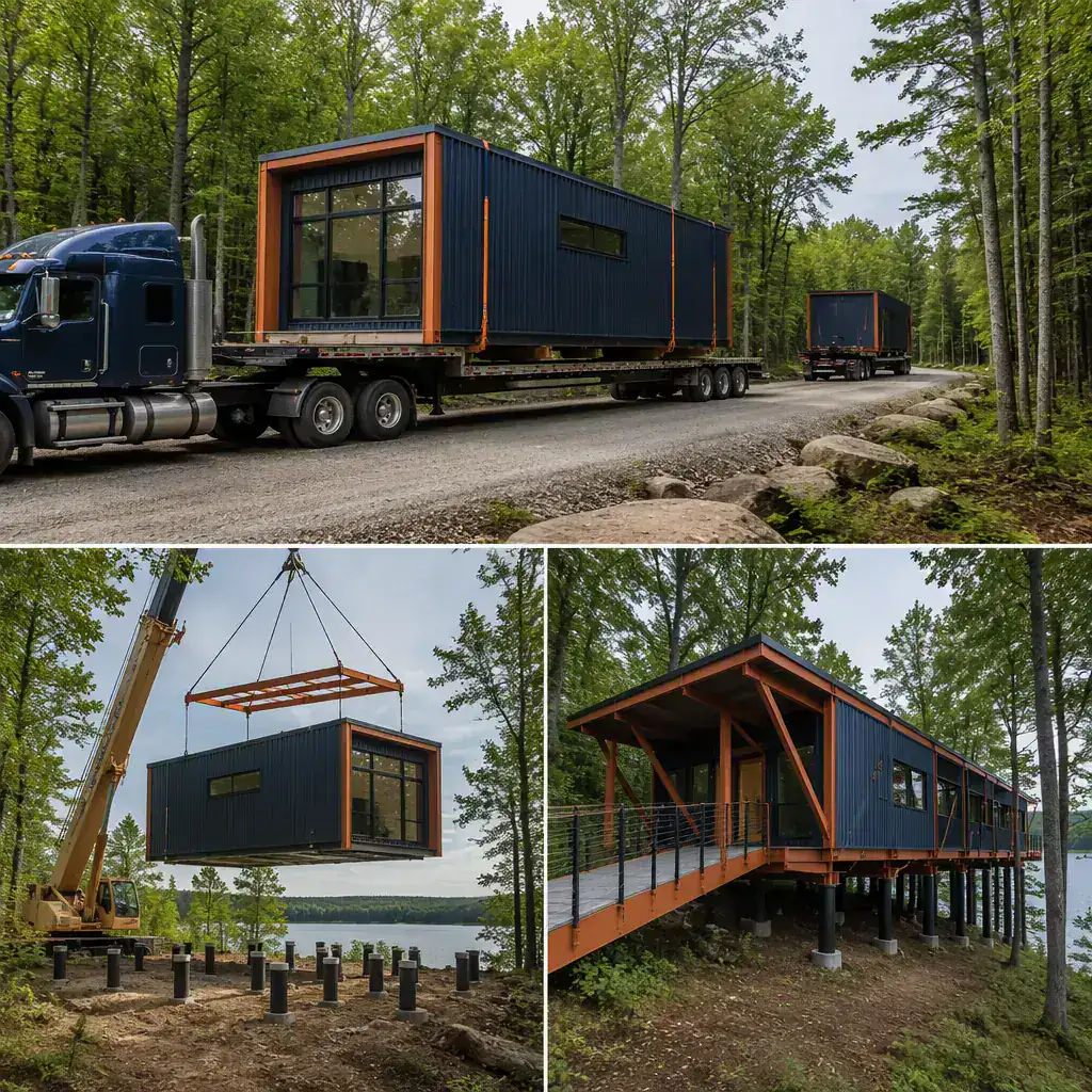 Prefabricated steel-frame nature center modules arriving on flatbed trucks along gravel park road, crane lifting module over preserved tree line onto pier foundations, minimal site disturbance, module seams visible, dark navy steel with warm orange accents, no people faces, no text, no logos