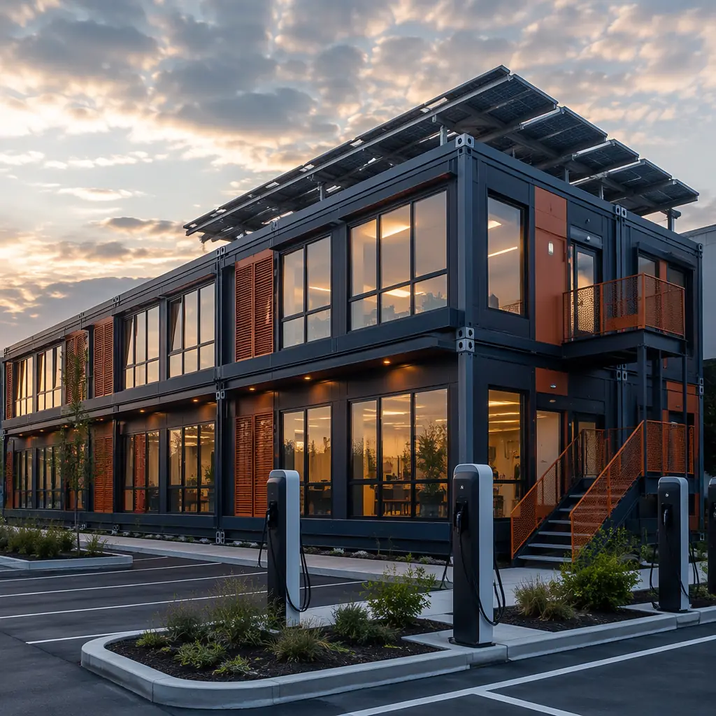 Modern modular multi-story building exterior designed for net-zero energy performance, solar panel array integrated into roof of prefabricated modules, high-performance building envelope with visible module seams, clean geometric facade, factory-assembled modular units, sustainable architectural design with dark navy and warm steel orange accent details, professional architectural photography in golden hour light