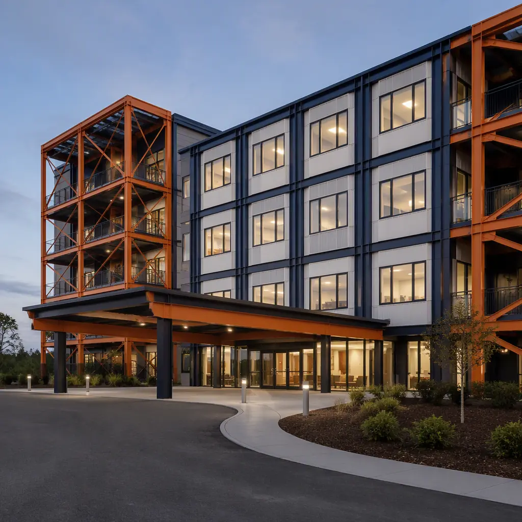 Modular prefabricated skilled nursing facility exterior, multi-story healthcare building composed of stacked factory-assembled steel frame modules, repetitive window grid facade with module seams visible, accessible entrance canopy, clean geometric lines, dark navy structural steel with warm steel orange accents, no text