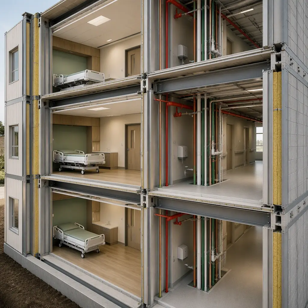 Photorealistic 3D cross-section render of modular skilled nursing facility, steel frame modules stacked vertically, fire-rated floor-ceiling assemblies, sprinkler piping and medical gas risers visible in service core, insulated exterior wall panels, distinct metal layers, clean engineering visualization, no text, no labels