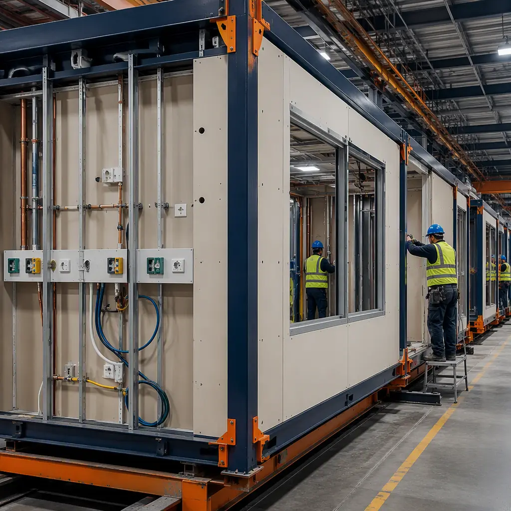 Factory floor of modular prefabricated construction facility, skilled nursing module under assembly, fire-rated gypsum wall panels being installed on steel studs, medical gas outlets and nurse call wiring rough-in on module frame, assembly line with steel-framed modules, workers in safety vests without visible faces, dark navy steel with warm steel orange details, no text