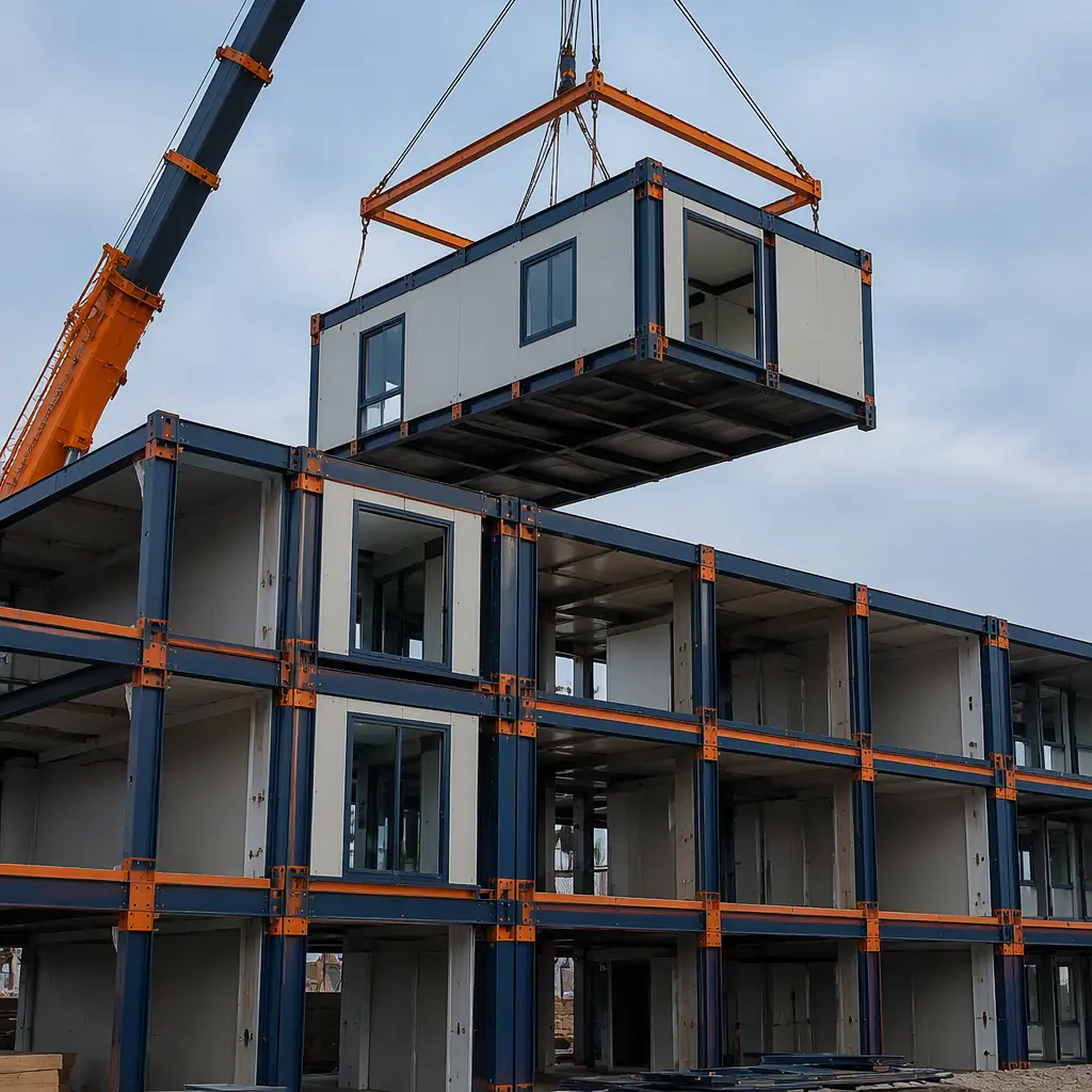 Crane positioning prefabricated healthcare module onto upper level of modular skilled nursing facility under construction, steel frame modules stacked in grid pattern, module being lifted with rigging, construction site, module seams visible, dark navy steel frame with warm steel orange safety accents, no people faces, no text