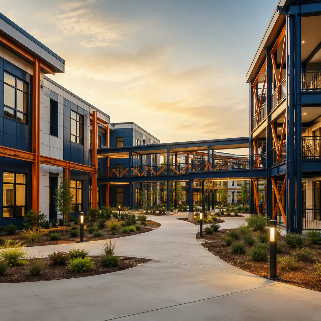 Modular skilled nursing facility campus exterior with landscaped courtyard between prefabricated building wings, covered walkways connecting modules, grid pattern facades with module seams visible, accessible paths, golden hour, dark navy and warm steel orange palette, no people faces, no text