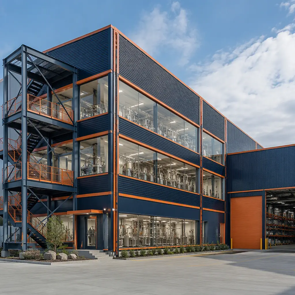 Modern modular nutraceutical and dietary supplement manufacturing facility, factory-assembled steel-frame GMP production suites with powder blending and encapsulation modules stacked beside a warehouse, module seams visible, clean geometric lines, dark navy steel with warm orange accents, no people faces, no text, no logos