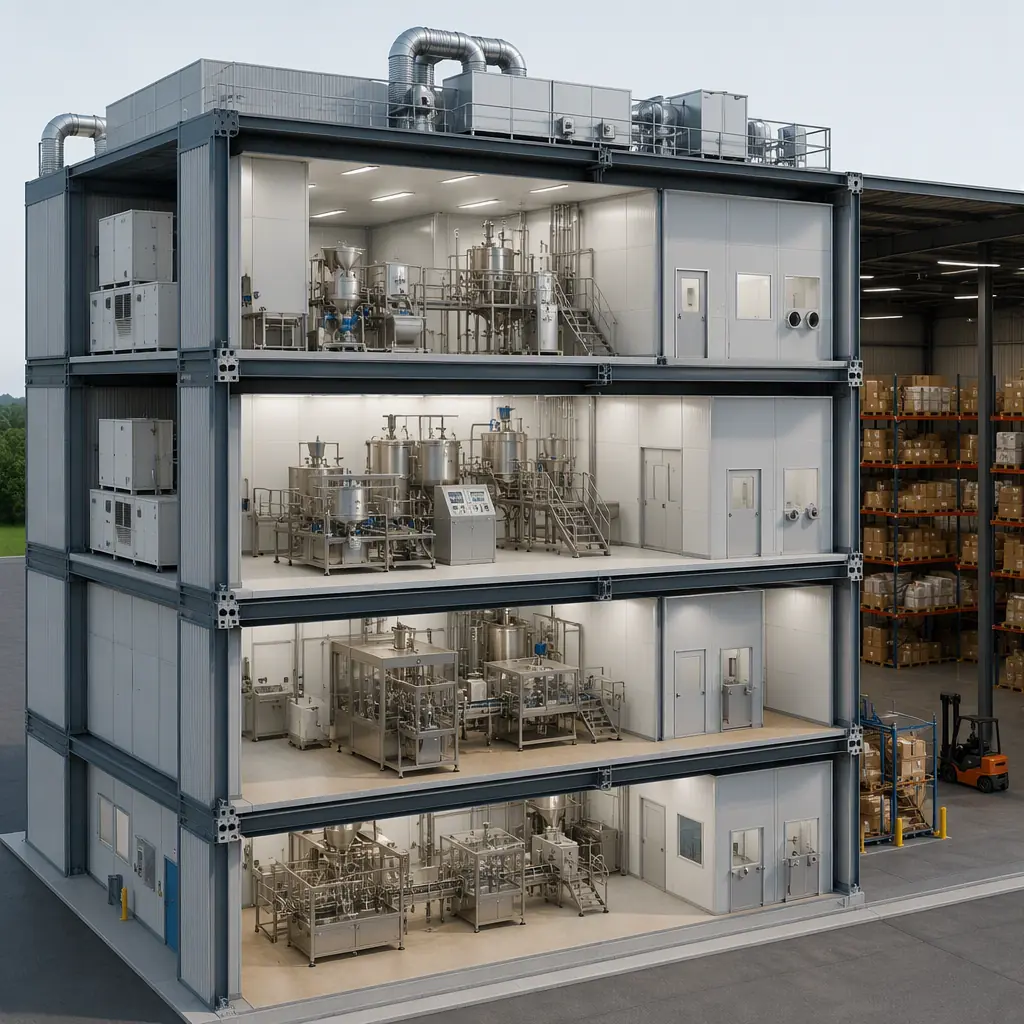 Photorealistic 3D cross-section render of modular nutraceutical supplement manufacturing facility, showing stacked steel-frame blending, encapsulation and tableting suites with stainless process equipment, HEPA air handling and cleanroom walls, warehouse beside, clean engineering visualization, no text, no labels
