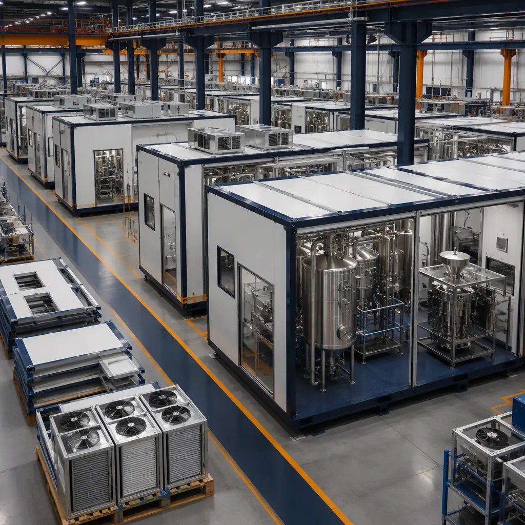 Factory floor of modular prefabricated construction facility, steel-frame supplement production modules with pre-installed stainless blending vessels and capsule fillers being fabricated, cleanroom panels and HEPA units on line, module seams visible, dark navy and warm steel orange accents, no people faces, no text