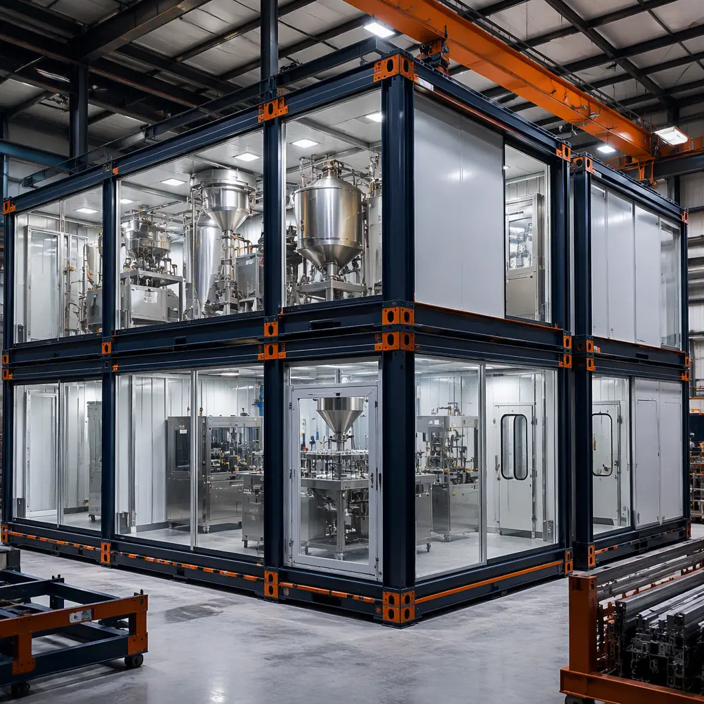 Factory floor assembling prefabricated steel-frame supplement production suite with pre-installed stainless steel powder blending vessels, capsules and bottling line, HEPA-filtered cleanroom modules in production, module seams visible, dark navy steel with warm orange accents, no people faces, no text