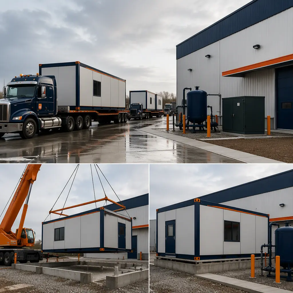 Prefabricated supplement production modules arriving on flatbed trucks at site, crane positioning steel-frame cleanroom module onto foundation beside warehouse and utility equipment, module seams visible, dark navy steel with warm orange accents, no people faces, no text, no logos