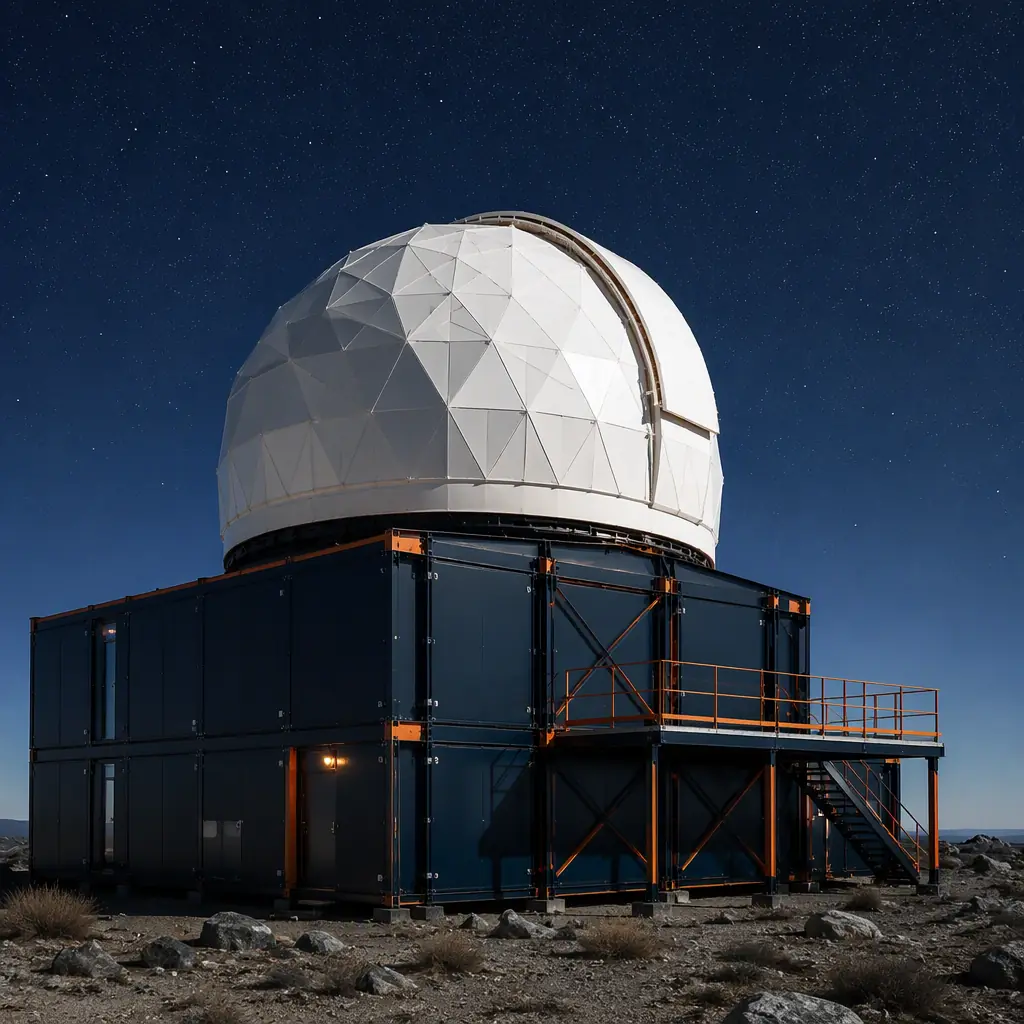 Modular prefabricated observatory building exterior, white dome mounted on factory-assembled steel frame support module, clean geometric lines, module seams visible, remote astronomy site under clear night sky, dark navy structural steel with warm steel orange accents, no text